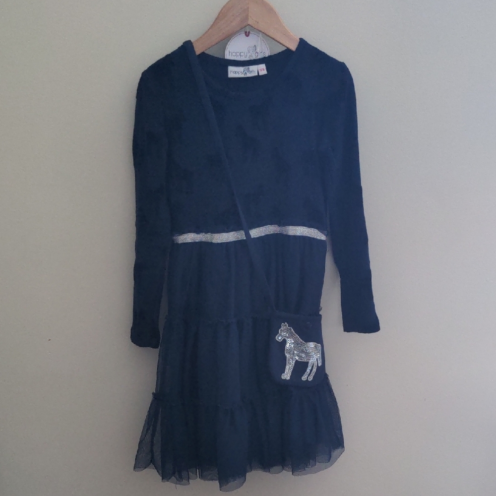 Happy Girls Navy Horse-theme Dress With Tulle And Silver Accents Size 128/ 7-8Y